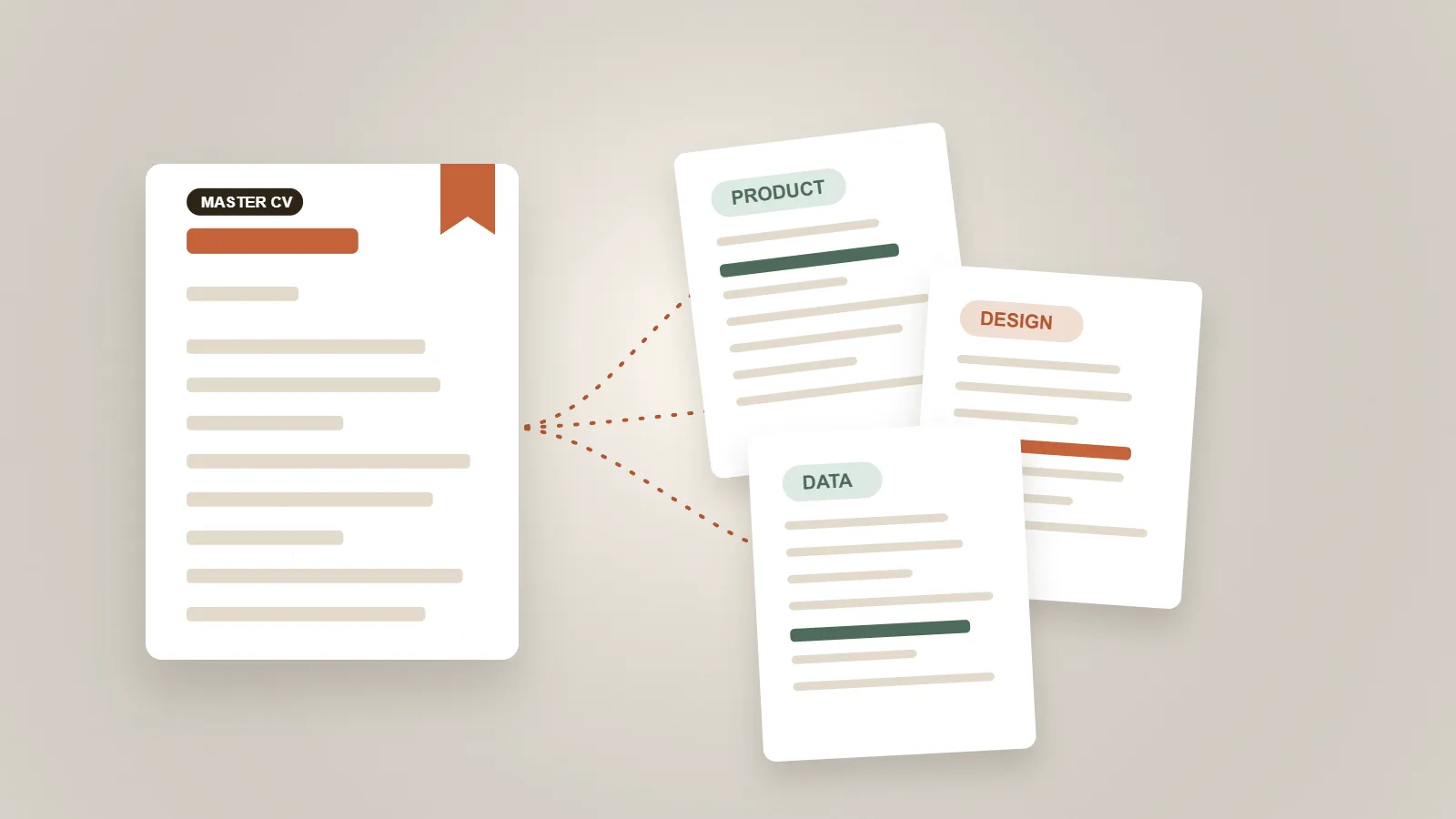 Een Master-cv die zich vertakt naar afgestemde cvs voor Product, Design en Data.
