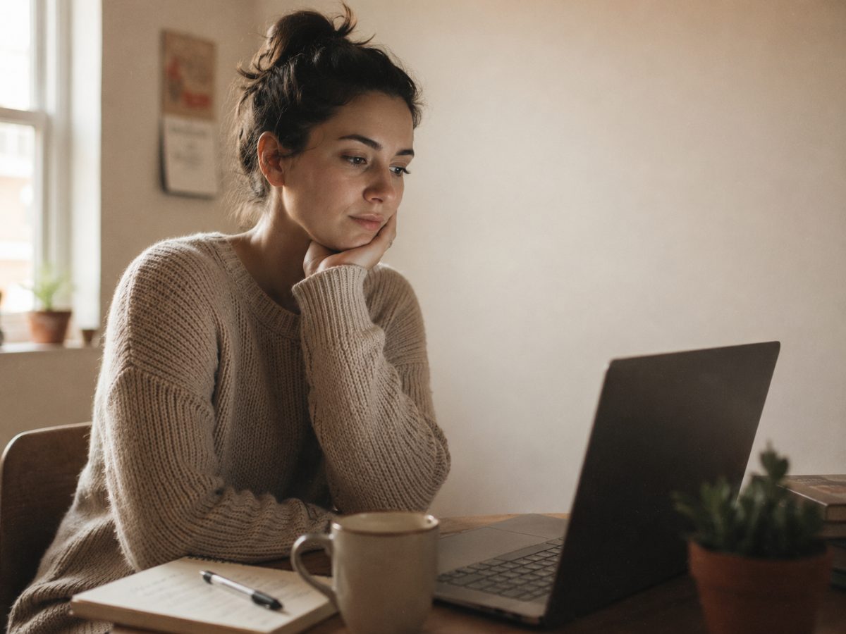A job seeker at home, reviewing her CV on a laptop
